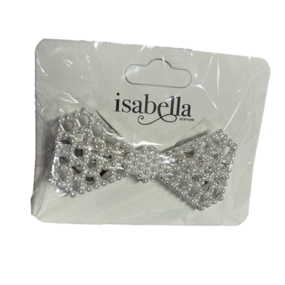 Pearl on silver hair barrette. 2.5” x 1”. Brand: Isabella